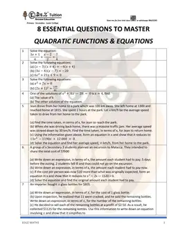 Quadratic Functions & Equations – Secondary 2 Math practice questions